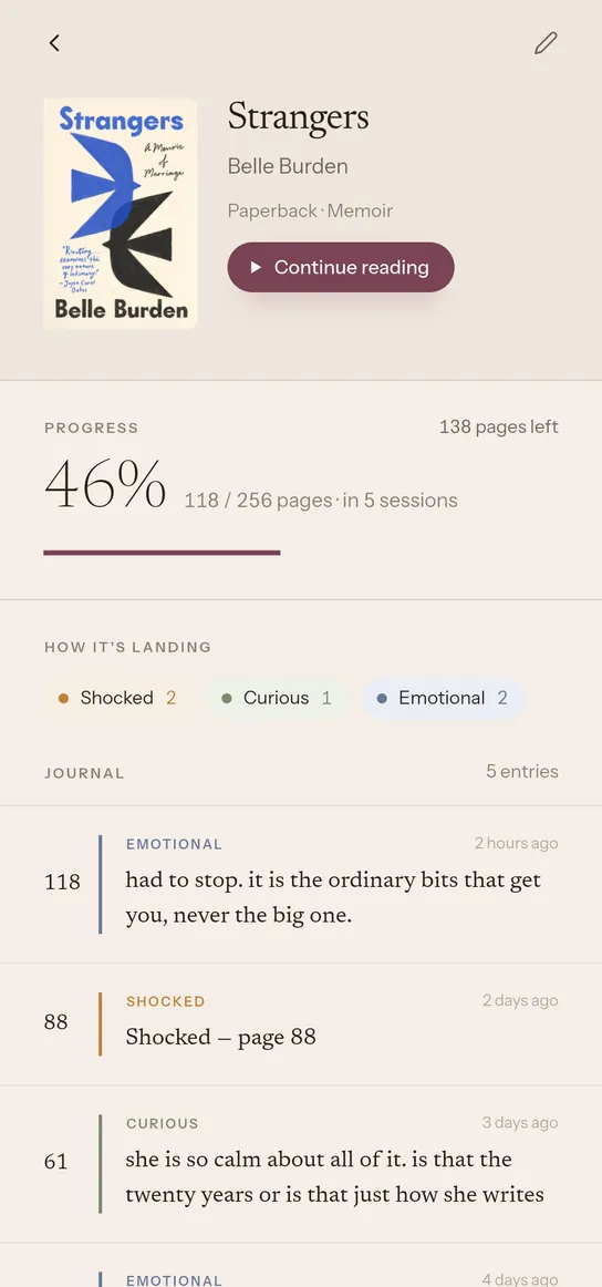 A book in Meraky: cover, progress at 46 per cent, the feelings it has landed as so far, then the journal — every note written against the page it was written at