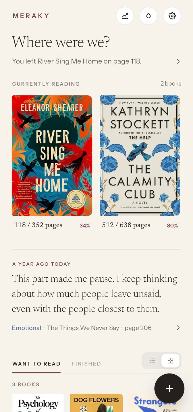 The Meraky home screen: “Where were we?” over the book left off at, two books in progress with their covers and page counts, and a note written a year ago today coming back